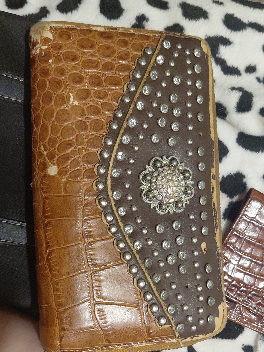 Brown Croc-Embossed & Studded Leather Clutch with Rhinestone Accent